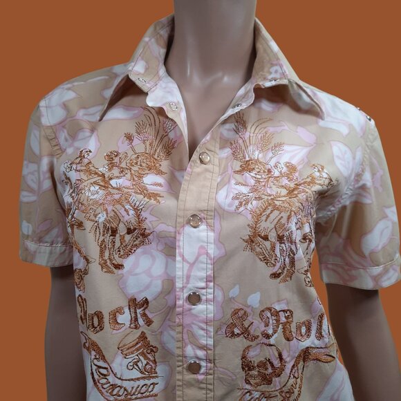 Y2K Parasuco Shirt Western Pearl Snap Size M Embroidered Skull Rock N Roll - Picture 13 of 14